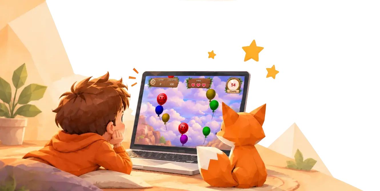 Un garçon allongé sur un coussin joue à Ciel de ballons sur un ordinateur portable, le renard assis à côté de lui.